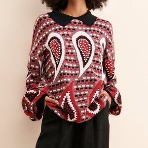 Anthropologie  - French Mauve Red and Black Paisley Sweater